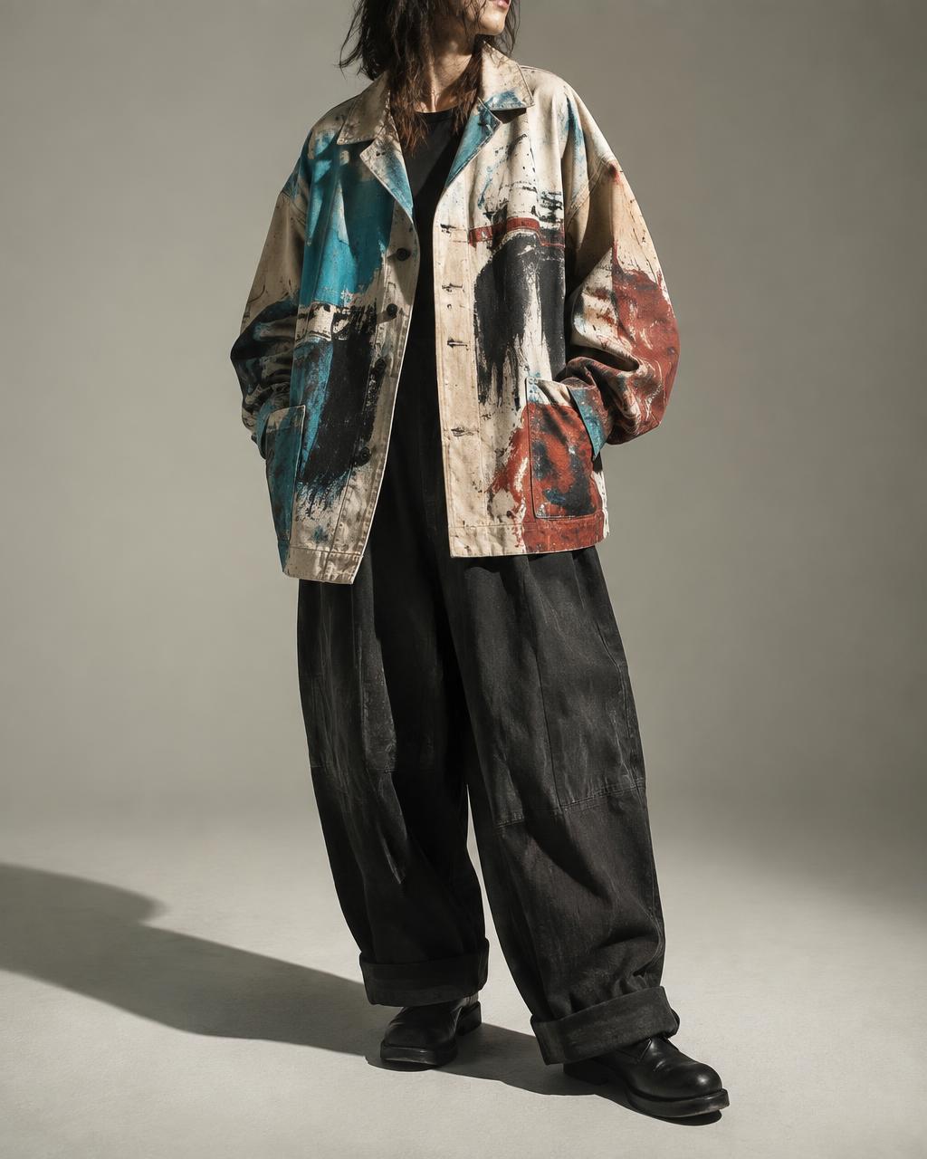 Clothing design by Neil Madison — a model wearing a hand-painted artist jacket