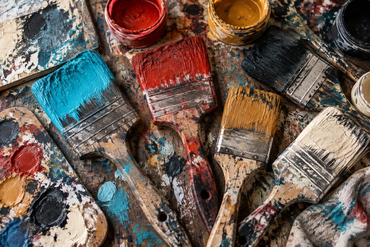 Paint-covered brushes arranged across Neil Madison's studio table
